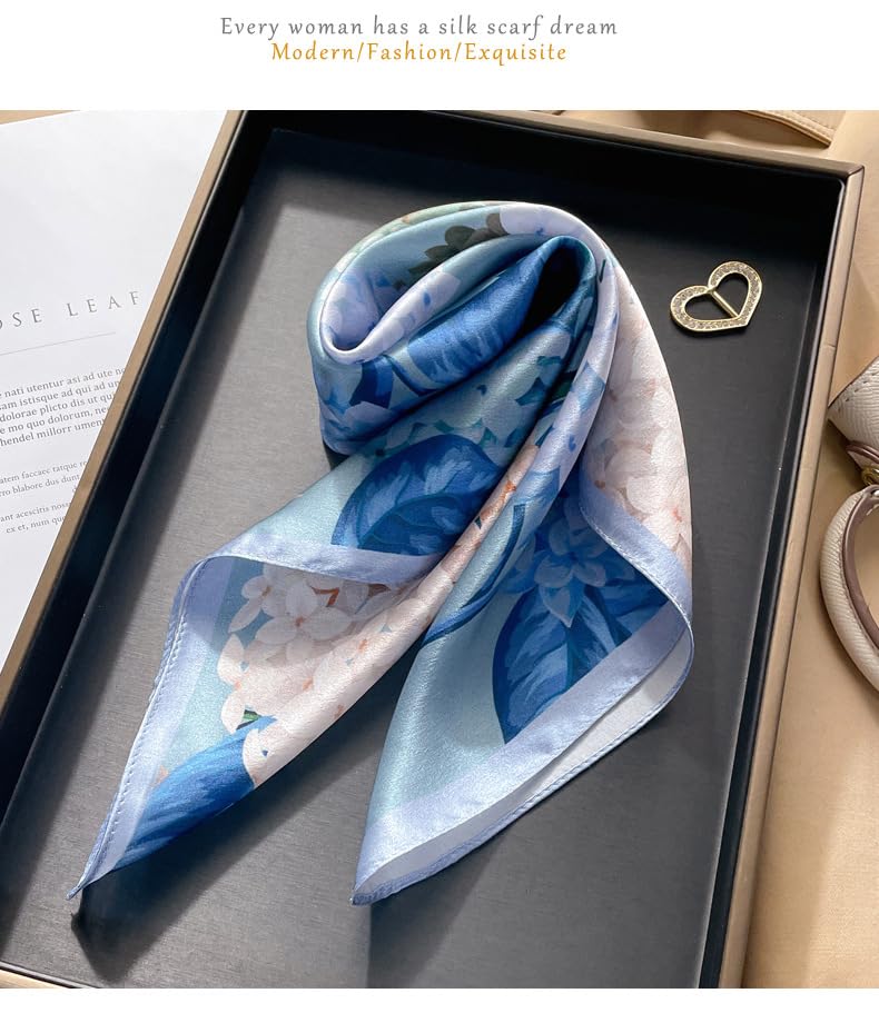 MEISEE 100% Pure Mulberry Silk Scarf 21" Square Scarf Neckerchief Headscarf Breathable Lightweight for Women Gift Packed - color: M3 Blue + Gray