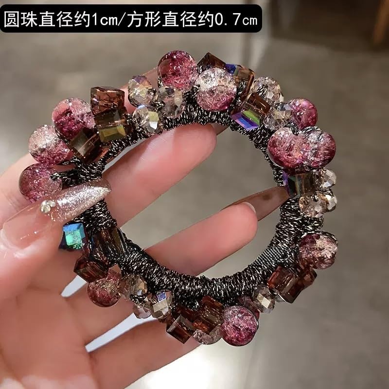 Crystal Beaded Hair ties Scrunchies, Pink and Blue Glass Beads, Black Elastic Band, 2 Pack hair accessories for women。