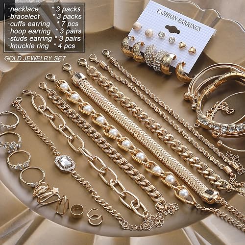 KISS WIFE Golden Jewelry Set for Women with Multi Layered Necklaces, Stackable Bracelets, Knuckle Rings, Hoop Earrings, Fashion Outfit Accessories Jewelry Packs Gifts for Women - style: Style 4