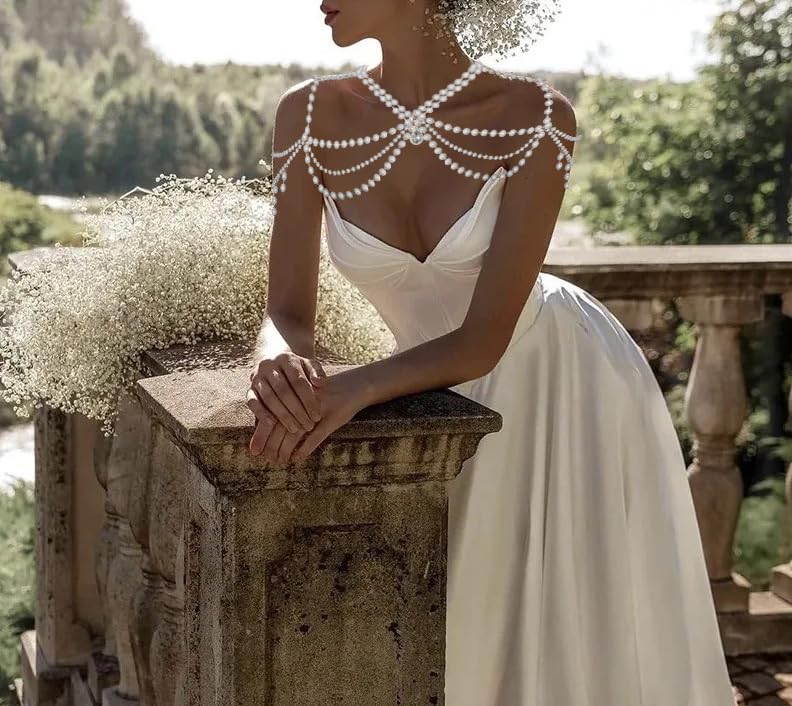 Pearl Shoulder Jewelry Bridal Wedding Shoulder Necklace Chain Festival Rave Party Outfit Accessory for Women Statement Body Chain