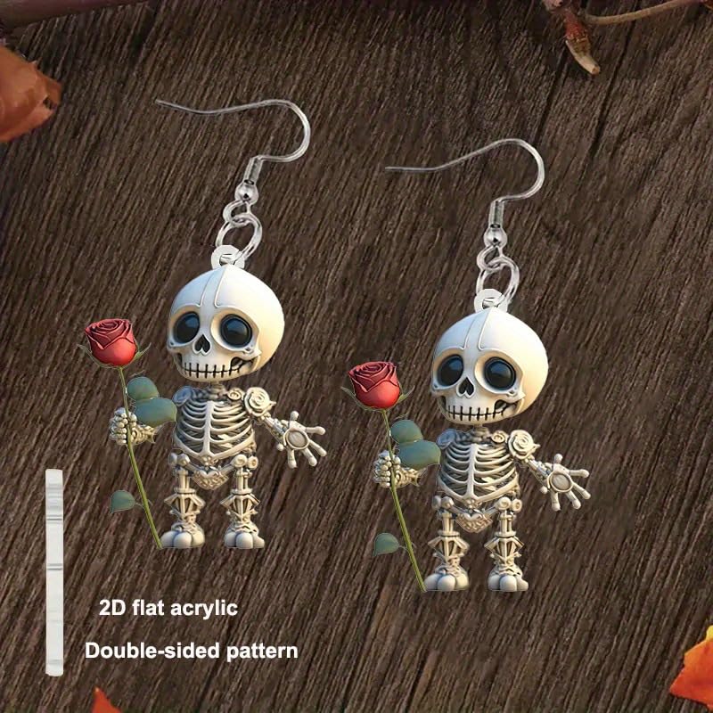 Halloween Skeleton Earrings for Women – Cute Spooky Skull Dangle Earrings with Red Rose, Gothic Creepy Cute Acrylic Statement Jewelry - color: Romantic Skeleton Rose