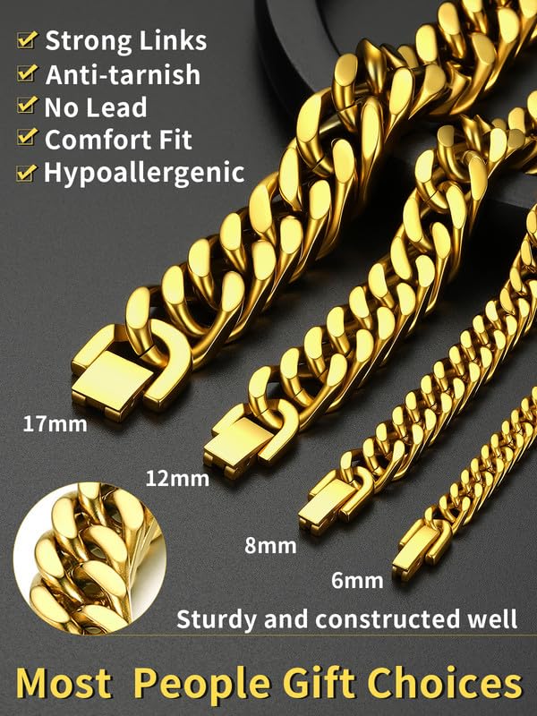 ChainsHouse Stainless Steel Cuban Link Bracelet, 8mm/12mm/17mm Width, 7.5"/8.3"/9", 18K Gold Plated Chain Wrist Bracelets for Men Women, Send Gift Box - color: N: Gold-12mm width