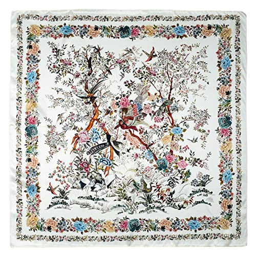 Stlvoll 100% Silk Head Scarf for Women - 27" Hair Scarves Satin Bandanas Square for Night Sleeping with Gift Packed - color: White/Flower/Bird