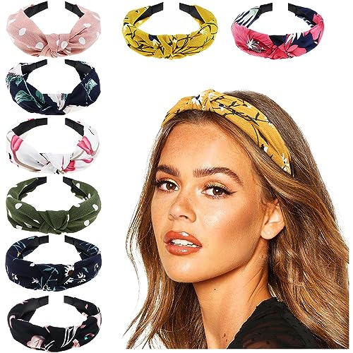 DRESHOW 8 Pack Knotted Headbands for Women Wide Turban Headband Yoga Exercise Ribbing Hair Hoop Hair Bands Accessories - color: 8 Pack Chiffon Printing C
