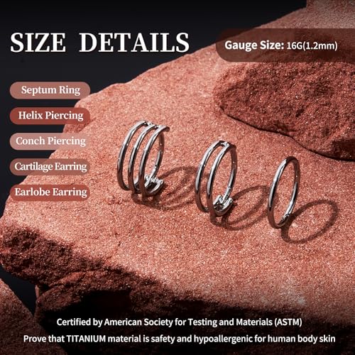 G23 Titanium 3PCS/7PCS 16G Cartilage Double-Hoop Helix Conch Piercing Jewelry With Cubic Zirconia Flat Back Stud Earrings Set For Women Men - color: B-3PCS-Silver-16G-10mm