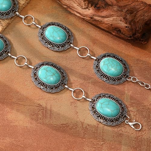 XZQTIVE Women Boho Chain Belts For Dresses Jeans Western Cowgirl Waist Links Belt Adjustable Metal Concho Belt - color: Green Turquoise Silver(gemstone), size: Fit Waist up to 35 In