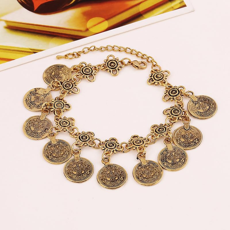 KZL 3PC Gypsy Jewelry Set Bohemian Coin Necklace Bracelet Earrings for Women Vintage African Indian Costume Festival Party Accessories - color: Rose Red