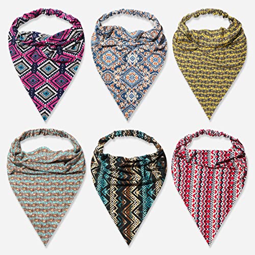 Vercret 6 Pack Hair Scarf Headband for Women Elastic Bandana Head Scarf Large Boho Triangle Kerchief with Clips Non Slip Scarves - color: O Bohemian