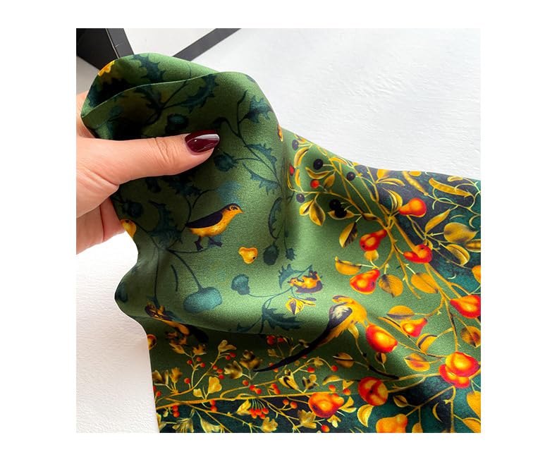 MEISEE 100% Pure Mulberry Silk Scarf 21" Square Scarf Neckerchief Headscarf Breathable Lightweight for Women Gift Packed - color: Green Flowers and Birds