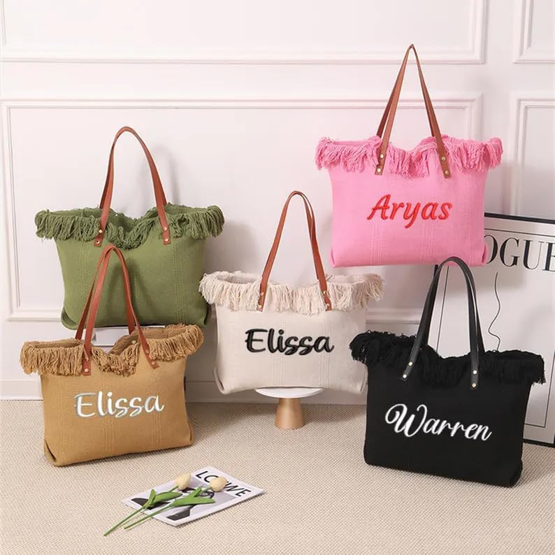 Personalized Embroidered Bridesmaid Tote Bag, Custom Large Women Vaction Travel - color: Khaki