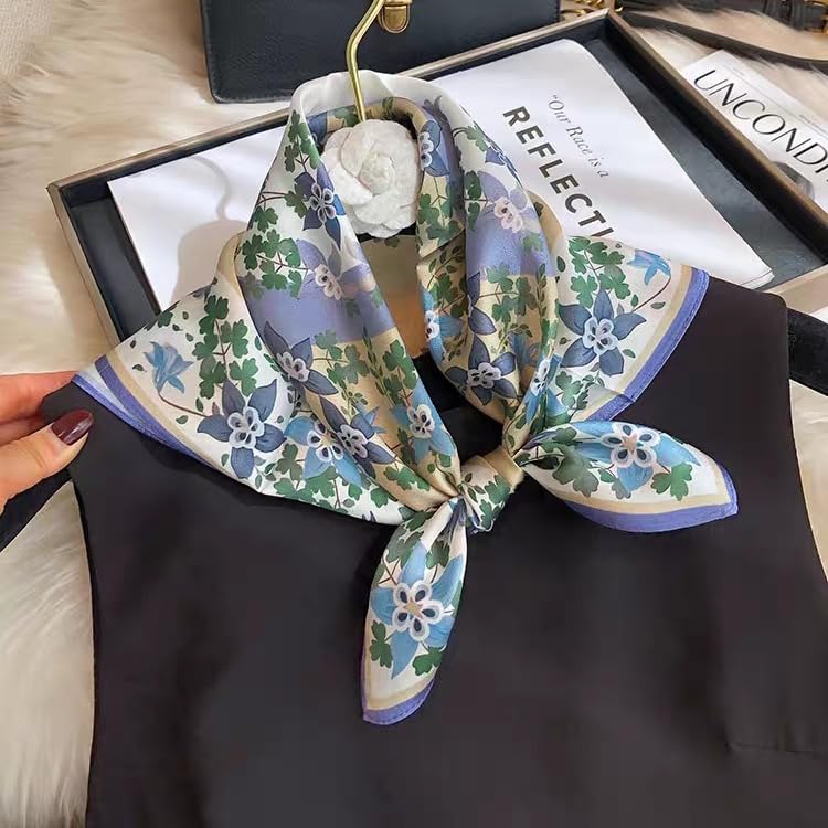MEISEE 100% Pure Mulberry Silk Scarf 21" Square Scarf Neckerchief Headscarf Breathable Lightweight for Women Gift Packed - color: M3 Beige + Gray Blue