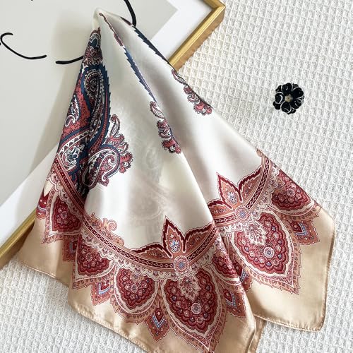 FONYVE 100% Mulberry Silk Scarfs for Women-Lightweight Square Satin Head Scarf-Small Silk Hair Scarf for Sleeping 21"x21" - color: 21 Pink Paisley