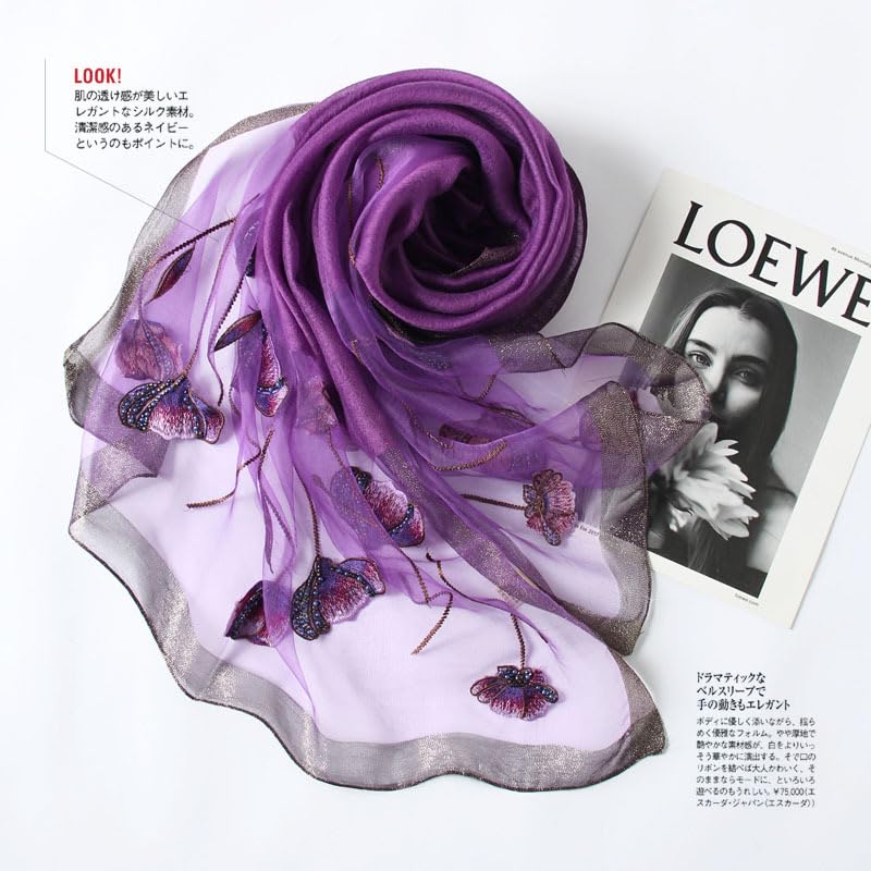 Jeelow Silk Blend Floral Fashion Scarf Shawl Wrap Lightweight Sheer For Women Floral Embroidery Wedding Party Prom - color: Purple Monet 1