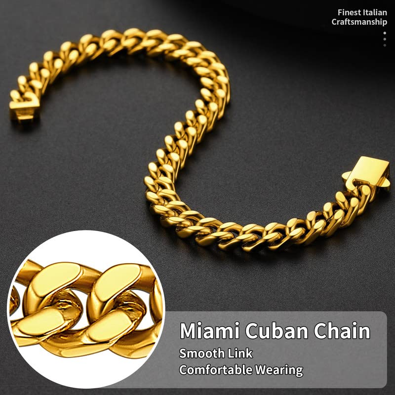 ChainsHouse Stainless Steel Cuban Link Bracelet for Men, 5mm/7mm/9mm/12mm Width, 7.5"/8.3"/9" Length, Black/18K Gold Plated Chain Wrist Bracelets for Men, with Gift Box - color: c. 7mm width-gold, size: 7.5 Inches