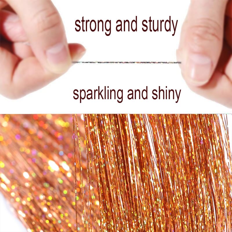 Celinebella Orange Gold Hair Tinsel, 48"1250 Strands Tangerine Shimmer | Vibrant warm orange gold metallic shade, durable lightweight, heat resistant, for festivals concerts & summer parties - color: 13-Gilded Tangerine, size: 48 Inch Pack of 5Pcs