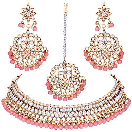Aheli Faux Kundan Beaded Necklace Earrings Maang Tikka Indian Bollywood Ethnic Jewelry Set Gift for Women - color: Pink 1