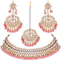 Aheli Faux Kundan Beaded Necklace Earrings Maang Tikka Indian Bollywood Ethnic Jewelry Set Gift for Women - color: Pink 1
