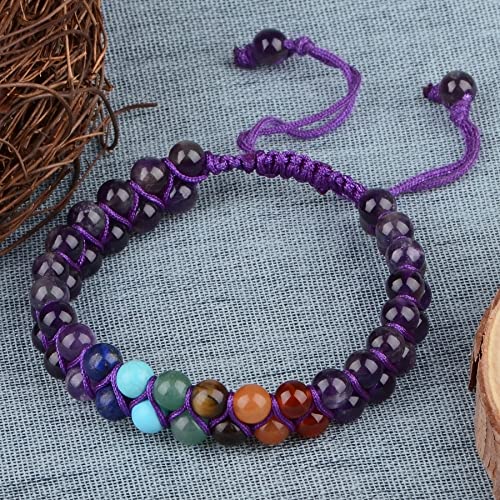 MASSIVE BEADS Double Layer Natural Chakra Healing Power Crystals Macrame Bracelet Yoga Stone Beads Gemstone Meditation Relax Anxiety Bangle for Unisex Women Men - color: 7-Chakras&Amethyst, size: 6mm