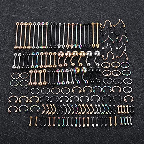 Oveta 150-151PCS Body Piercing Jewelry Lot 14G 16G 20G Stainless Steel Nose Lip Tongue Cartilage Tragus Eyebrow Industrial Barbell Belly Button Rings Piercing Kit Jewelry - style: 150pcs-Mixed Color