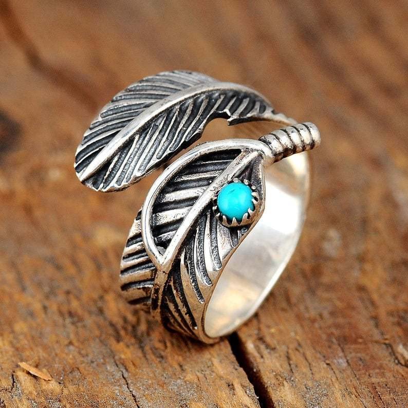 Retro Angel Wing Ring Adjustable Feather Silver Gold Antique Jewelry for Women Men Dainty Wrap Open Thumb Rings for Women Open Punk Birthday Gift Friendship - style: TurquoiseFeather