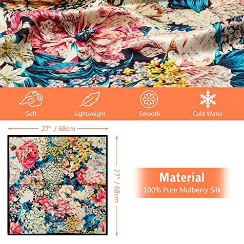 Stlvoll 100% Silk Head Scarf for Women - 27" Hair Scarves Satin Bandanas Square for Night Sleeping with Gift Packed - color: Blue/Red/White/Flower