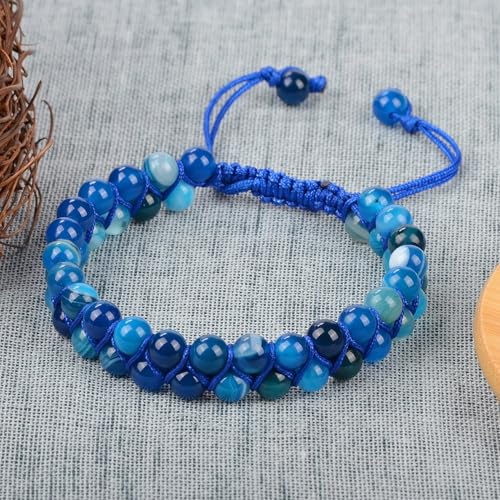 MASSIVE BEADS Double Layer Natural Chakra Healing Power Crystals Macrame Bracelet Yoga Stone Beads Gemstone Meditation Relax Anxiety Bangle for Unisex Women Men - color: Blue Stripe Agate, size: 6mm