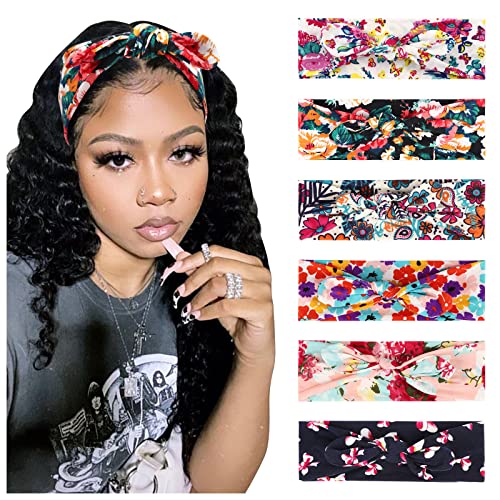 DRESHOW Boho Bow Headbands for Women Vintage Flower Printed Yoga Hairband Elastic Rabbit Ear Head Wrap 6 Pack - color: 6 Pack Rabbit Ears Flower Printed