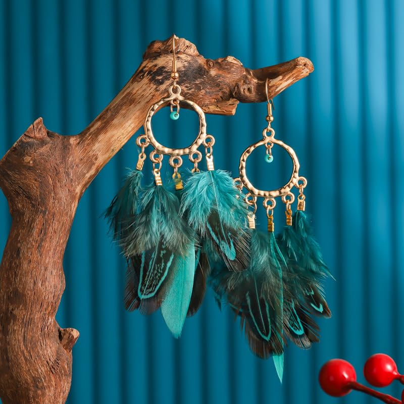 Feather Earrings for Women, Boho Long Brown Gold Dangle Drop Earrings, Handmade Statement Vintage Western Style Lightweight Trendy 2026 Fancy Unique Jewelry Gift - color: Green