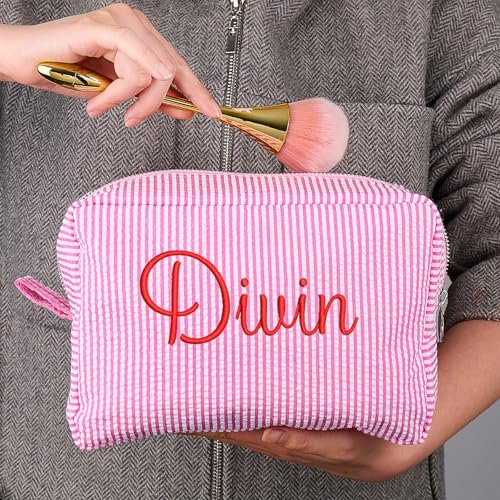 Personalized Makeup Bag Pouch with Embroidered Name for Women Girls Bride | Cute Small Seersucker Custom Monogrammed Initial Cosmetic Toiletry Bag with Zip for Travel Bridesmaid