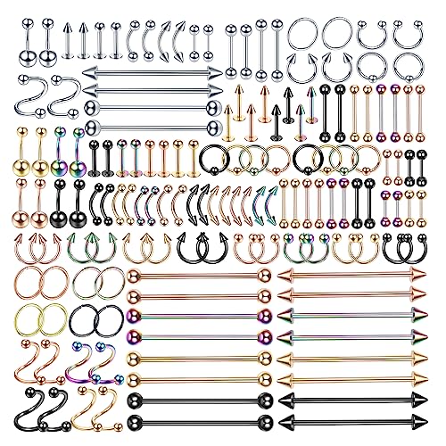 Xpircn 150PCS Piercing Kit Jewelry Stainless Steel Lip Nose Tongue Tragus Cartilage Daith Eeybrow Belly Button Rings Body Piercing Tools 14G 16G 20G - color: Mixed Color