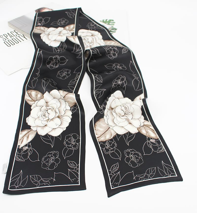 ANDANTINO 100% Silk Scarf for Women 59”*6.3” Long Shawls for Headscarf and Neck- Oblong Hair Wraps with Gift Packed - color: Black&white Camellia Flowers