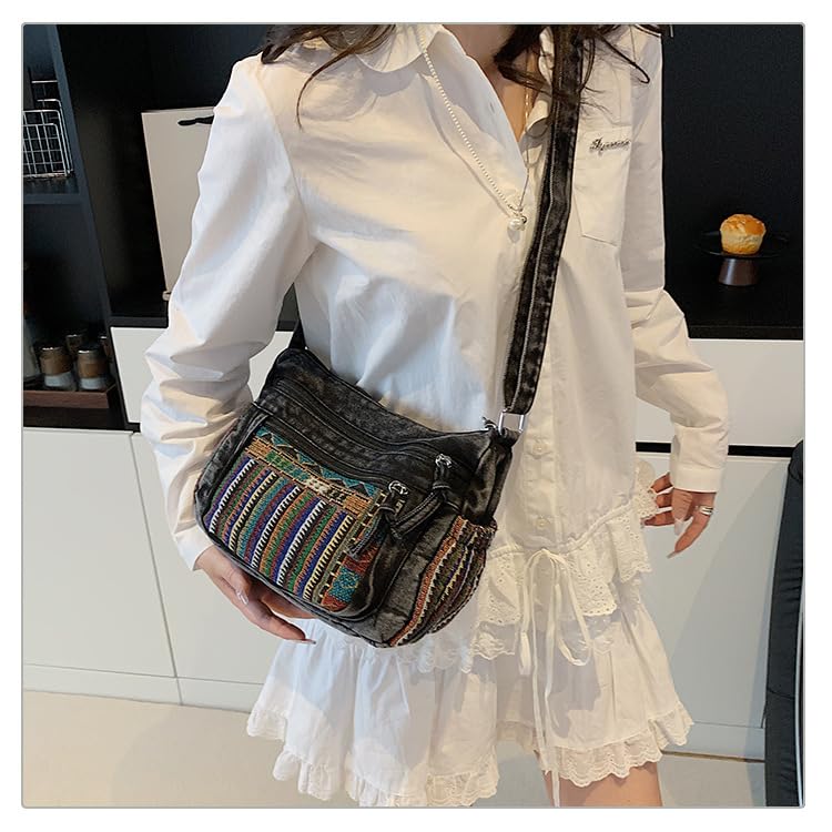 Hobo Crossbody Bags for Women, Boho Denim Purse Crossbody Bags, Adjustable Shoulder Straps with Lots of Pockets Hippie Purse, Fashion Travel Vintage Denim Bag