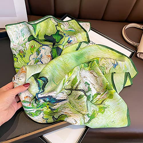 JERLA 100% Pure Mulberry Silk Square Scarf for Hair-27''x27'' Women Men Natural Silk Neckerchief Headscarf - color: Green Oil Painting Flowers