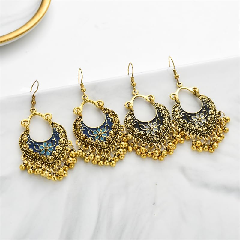 Vintage Boho Statement Drop Dangle Earrings for Women Bohemian Ethnic Handmade Beaded Charms Earring Bohemian Retro Chandelier Tassel Earrings Mexico Gypsy Jewelry Gift - color: Gold-Black