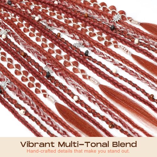 SEIKEA Boho Braided Ponytail Extension on Hair Tie, 16" Full Volume Lightweight Viking Dreadlock Ponytail Braid in Dreadlock Extensions with Beads and Shells, Festival Hair Accessories for Women Girls - color: Auburn Copper Twist