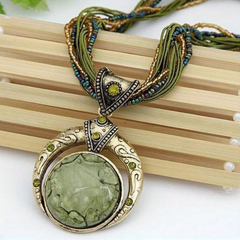 1PC Vintage Green Stone Multi-Strand Boho Necklace, Ethnic Beaded Fringe Neck Jewelry (Green)