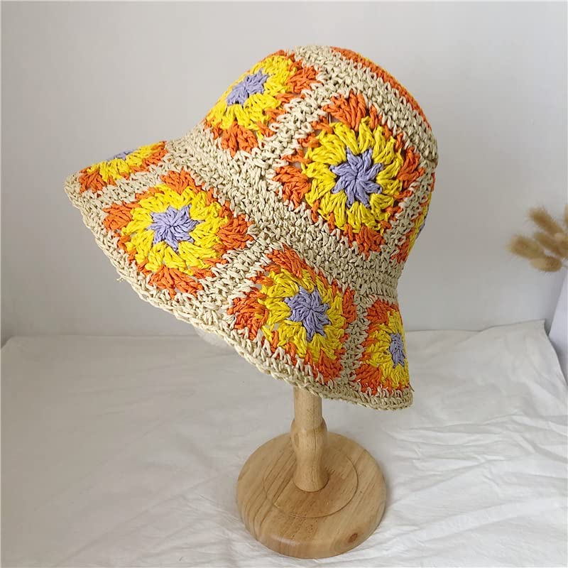Women Straw Sun Hat Floral Woven Crochet Bucket Hat Y2k Aesthetic Accessories Beach Hat Hand Woven Boho Foldable Cap - color: Orange