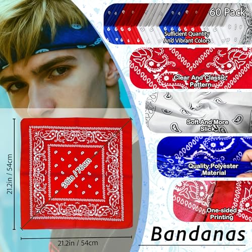 ILHSTY 60 Pcs Women Men Paisley Bandanas Bulk Unisex Bandanas Head Cowboy Scarf Necktie handkerchief Party Supplies - color: Red White Royal Blue