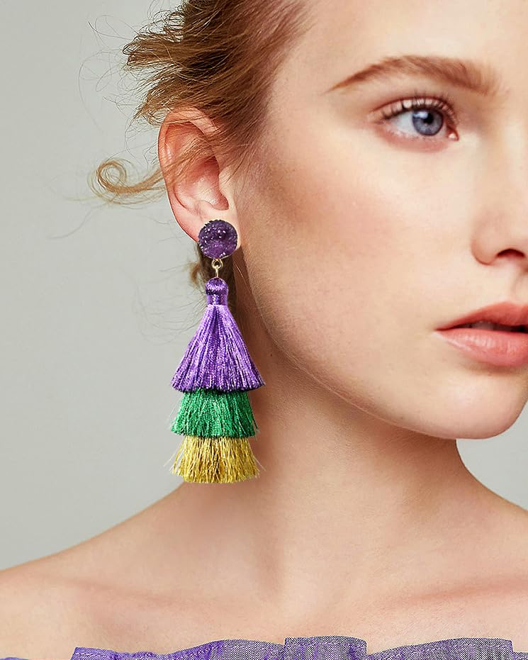 Me&Hz Colorful Layered Tassel Earrings Bohemian Statement Tiered Tassel Big Dangle Drop Earrings for Women Druzy Studs Valentine’s Day Gift - color: Mardi Gras