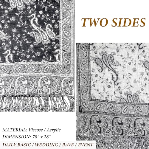 Achillea Reversible Paisley Pashmina Rave Scarf – Exotic Indian Shawls and Wraps for Evening Dresses, Festivals, All Seasons - color: Black White