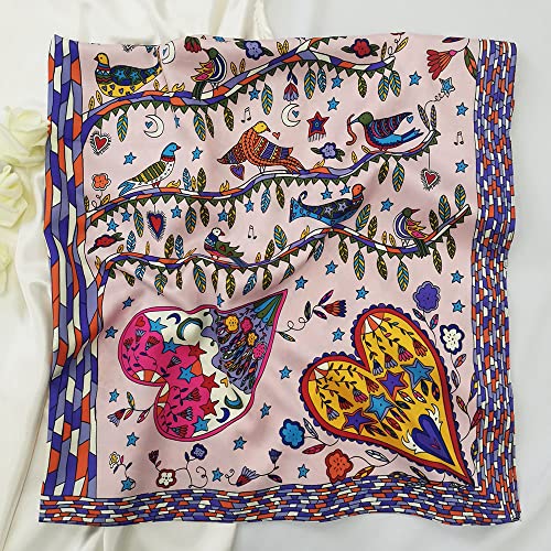 Julunar Silk Like Head Scarf for Women - Satin Large Hair Scarves - 35" Square Silk Hair Wrap for Sleeping with Gift Packed - color: B003-4 Birds Pink