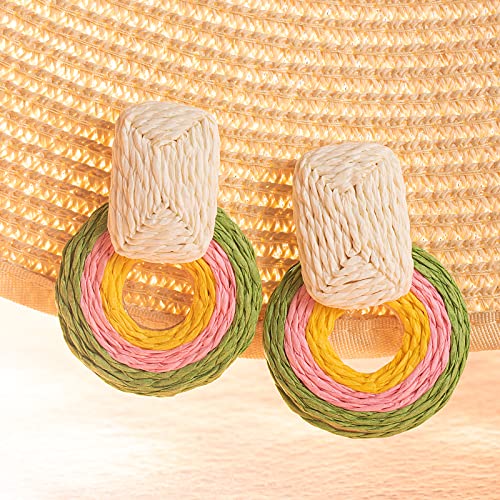 Statement Raffia Earrings Cute Boho Earrings Rattan Dangle Earrings Handmade Straw Wrap Earrings Summer Drop Dangling Earrings for Women Teen Girls - color: Green/Pink/Yellow