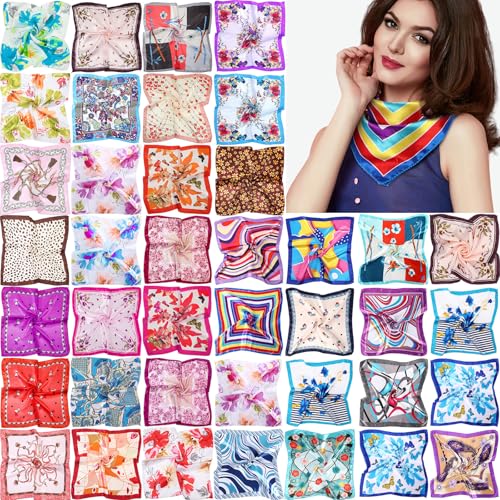 Handepo 40 Pieces Women Head Scarf Satin Square Silk Feeling Mixed Color Hair Neck Head Scarf Set, 19.69 Inch - style: Stylish Style