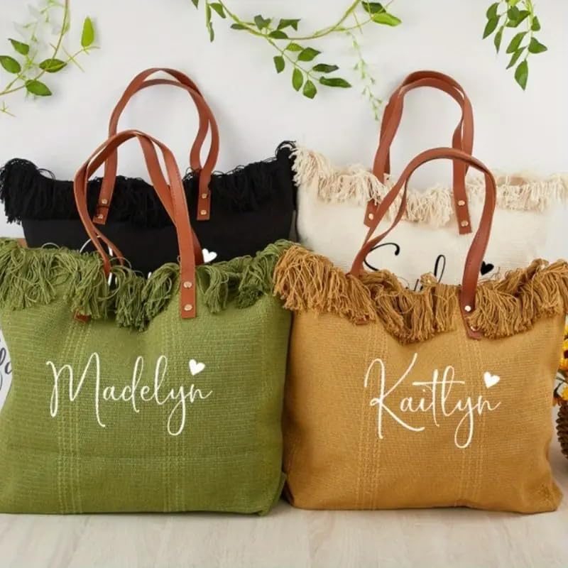 Personalized Embroidered Bridesmaid Tote Bag, Custom Large Women Vaction Travel - color: White
