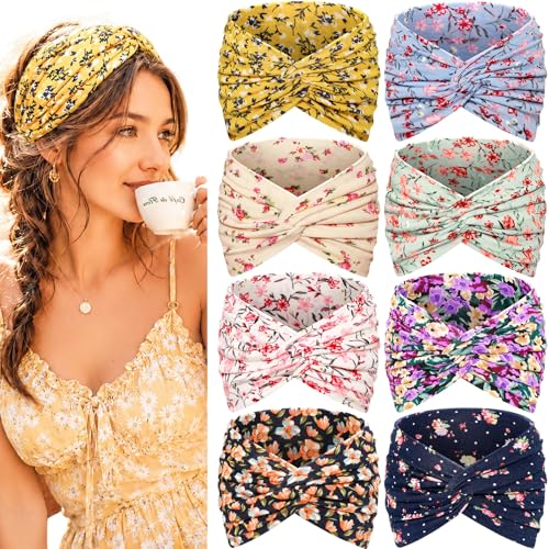 Awumbuk Wide Headbands for Women, 7.08 Inch Thick Boho Turban Style Hair Wraps, Non-Slip Moisture-Wicking Workout Headband for Sports, Yoga, Daily Fashion, 8 Pack Multi Colors (Navy blue) - color: Navy blue