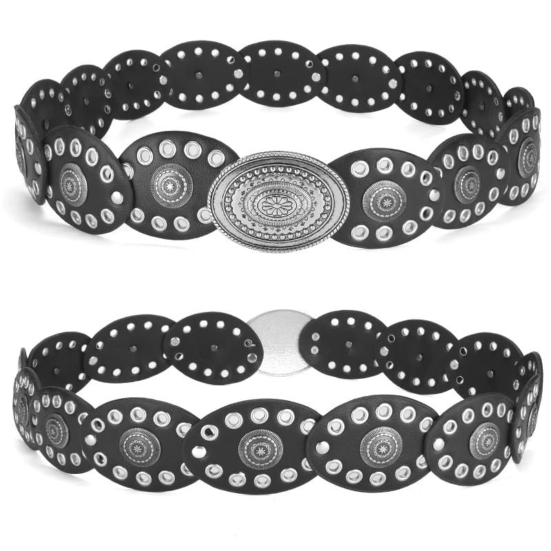 Wide Western Cowboy Disc Belt for Woman Concho PU Leather Belts for Ladies Boho Country Waist Belts for Dress Jeans - color: Black-silver Buckle