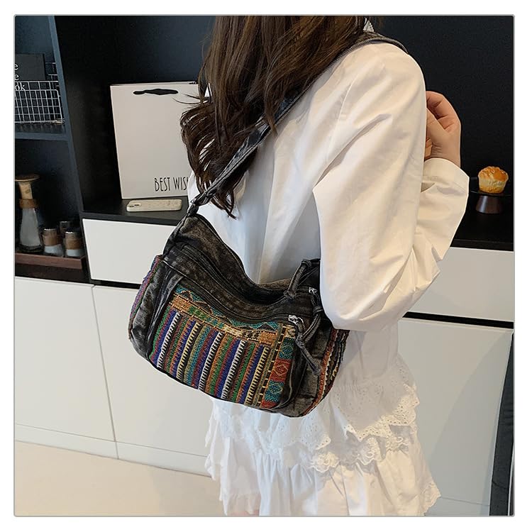 Hobo Crossbody Bags for Women, Boho Denim Purse Crossbody Bags, Adjustable Shoulder Straps with Lots of Pockets Hippie Purse, Fashion Travel Vintage Denim Bag
