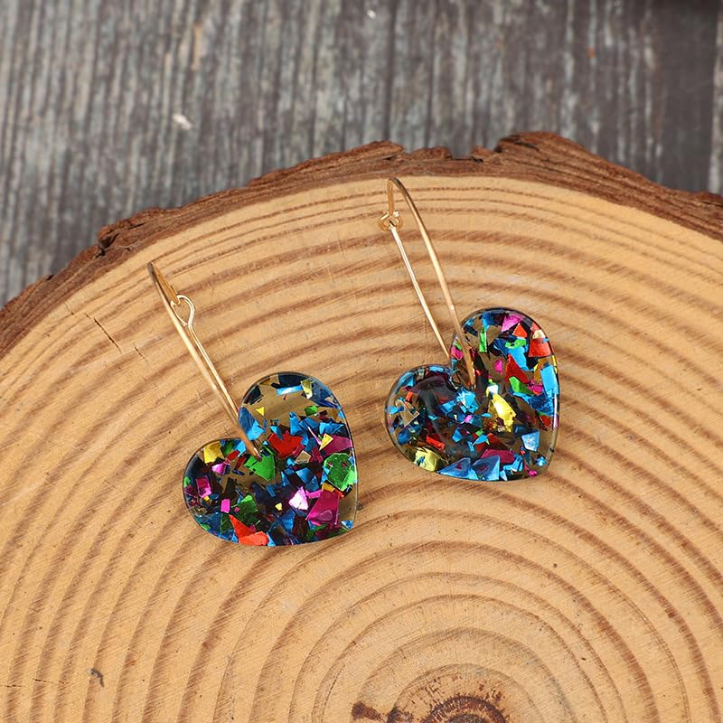 Colorful Shiny Love Heart Dangle Earrings Handmade Lightweight Glitter Acrylic Heart Shaped Hoop Earrings for Women Lovers Valentine's Day Mothers Day Party Jewelry Gifts - style: StyleC