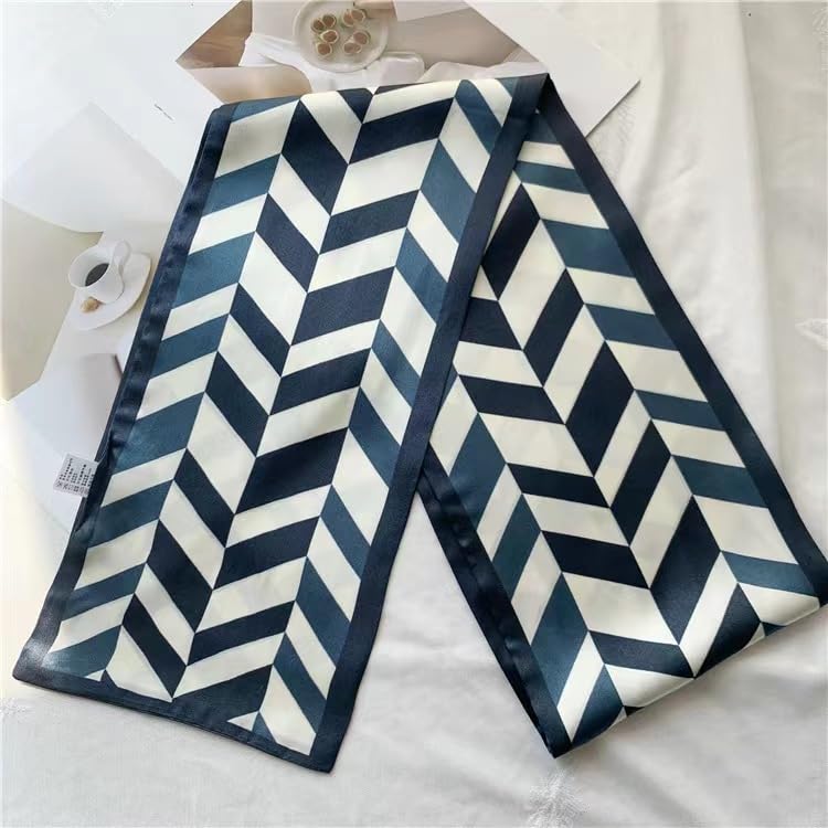 ANDANTINO 100% Silk Scarf for Women 59”*6.3” Long Shawls for Headscarf and Neck- Oblong Hair Wraps with Gift Packed - color: White&blue Geometry