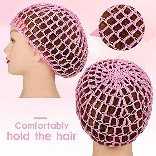 Geyoga 4 Pieces Mesh Crochet Hair Net Rayon Knit Snood Hat Thick Short Women Hairnet Snoods Cover Ornament for Sleeping (Pink, Rose Red, Green, Royal Blue) - color: Pink, Rose Red, Green, Royal Blue